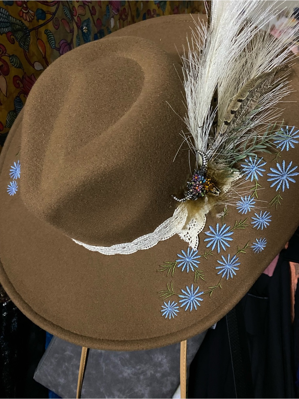 Brown Women's Felt Fedora Hat with Blue Floral Embroidery and Feather Trim